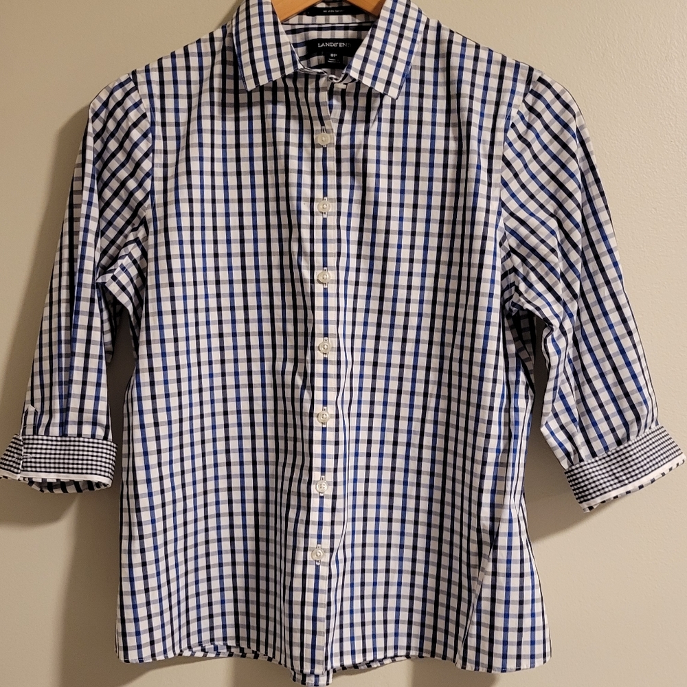 Lands' End Checkered 3/4 Sleeve Button Down, 8P